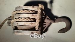 Huge Antique 3 Wheel Wood Block & Tackle W Hook Vintage Hay Barn Rustic Decor
