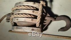 Huge Antique 3 Wheel Wood Block & Tackle W Hook Vintage Hay Barn Rustic Decor