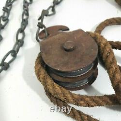 Iron Barn Pulley Block and Tackle Double Pulley With Hook Chain Rope Vintage