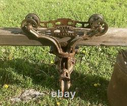 Jumbo ANTIQUE F. E MYERS TIMBER HAY TROLLEY 7 Inch Sheaves Sharp With Rope