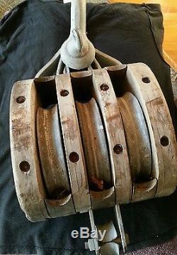LARGE 24 68 LB Antique Wood And Metal Nautical Pulley