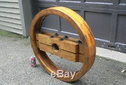 LARGE Industrial SteamPunk Farm Antique 28 Flat Belt Wood Split Pulley Wheel
