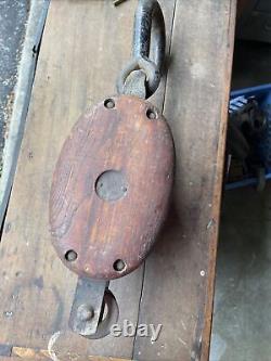 Large Antique Cast Iron Double-star Block TacklePulley Rare- Wood Wheel