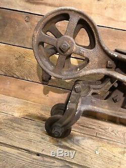 Large Antique Hay Trolley Barn Pulley Cast Iron Farm Wood Old Myers Louden Lamp