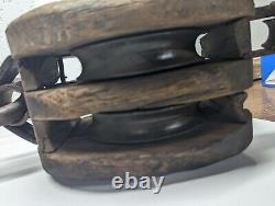Large Primitive 26lbs Cast Iron Wood Double Block Tackle Pulley Ships Natuical