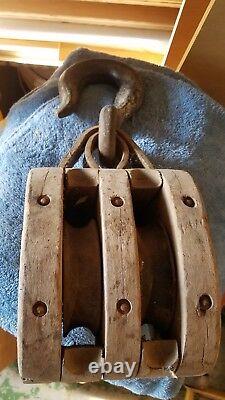 Large Vintage Wooden Iron Double Wheel Pulley