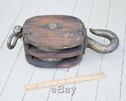 Large Wood Double Tackle Block Pulley Antique