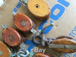 Lot-11 Vintage Tackle & Block WOOD Metal/brass PULLEY Rope Marine Ship Boat Farm