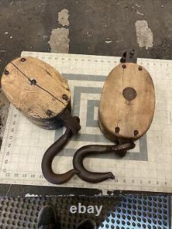 Lot 2 Antique Farm Nautical Rope Block Tackle Wood Pulley with Hooks p160