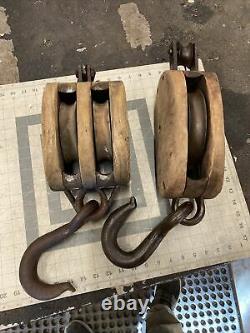 Lot 2 Antique Farm Nautical Rope Block Tackle Wood Pulley with Hooks p160