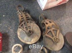 Lot of 12 Antique Vintage Cast Iron And Wood Barn Pulley