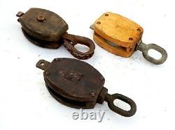 Lot of 3 pcs Vintage Maritime Large Wooden Pulley Barn Iron Hook Block Tackle