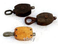 Lot of 3 pcs Vintage Maritime Large Wooden Pulley Barn Iron Hook Block Tackle