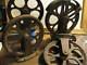 Lot of 4 Antique Vintage Cast Iron Barn Pulleys withBases Marked 9.8 Diameter