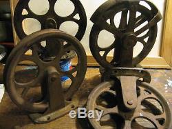 Lot of 4 Antique Vintage Cast Iron Barn Pulleys withBases Marked 9.8 Diameter