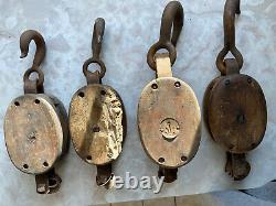 Lot of 4 Antique Wood & Iron Barn Pulley Block and Tackle 1 Double & 3 Single
