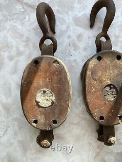 Lot of 4 Antique Wood & Iron Barn Pulley Block and Tackle 1 Double & 3 Single