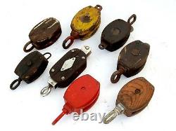 Lot of 8 pcs Vintage Maritime Large Wooden Pulley Barn Iron Hook Block Tackle