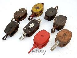 Lot of 8 pcs Vintage Maritime Large Wooden Pulley Barn Iron Hook Block Tackle