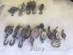 Lot of Vintage Industrial Metal and Wooden Block & Tackle/ Single Pulleys