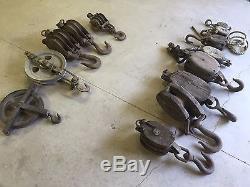 Lot of Vintage Industrial Metal and Wooden Block & Tackle/ Single Pulleys