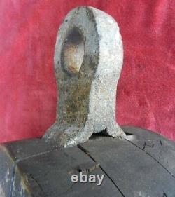 Mammoth Antique 19th C Marine Ship's Wooden Pulley Sheave OLD BLUE PAINT 15 x 12