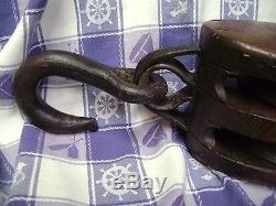 Maritime Large Wood Iron Block & Tackle Dbl. Pulley Decor Nautical Collectible