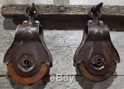 Matching Pair Antique Pulleys Steel & Wood Barn Hay Trolley Farm Tools