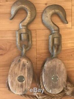 Merriman Brothers Antique 4 Pc Marine Block & Tackle Massive Brass Hooks, Wood
