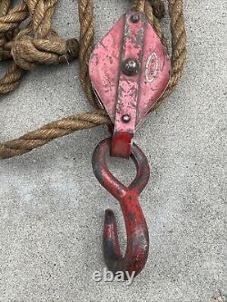 Moline Iron Works Large Pulleys With Heavy Hooks and rope
