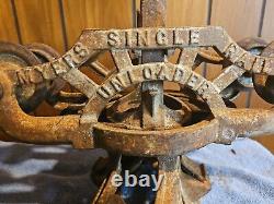 Myers Single Rail Antique Primitive Farm Rusty Cast Iron Hay Trolley Pulley