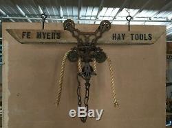 Myers antique barn hay trolley with track & rope / antique rustic light fixture