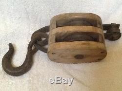 OLD DOUBLE PULLEY WOODEN BLOCK and TACKLE, FROM THE CANADA BLOCK CO