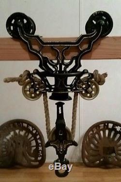 Old Antique Myers Woodbeam Timber Hay Trolley Barn Carrier Pulley Light Tool Vtg