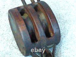 Old Vintage Wood & Iron Double Block & Tackle Farm Pully
