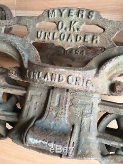 Old Vtg Antique Myers Ok Unloader Cast Iron Hay Trolley Carrier Farm Hoist H425