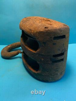 Old Vtg Union Hardware Double Wood Block & Tackle Pulley Rope Boating Farming