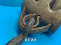 Old Vtg Union Hardware Double Wood Block & Tackle Pulley Rope Boating Farming