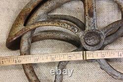 Old Well Fender Pulley 9 LARGE 1880's vintage Cast iron #10 Rustic Barn Silver