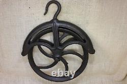 Old Well Pulley Large 10 Wheel Rustic Iron Fender Vintage 1800's Hairline Crack