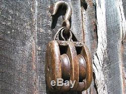 Old Wooden double wheel rope Pulley, two Iron Wheels