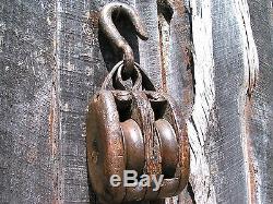 Old Wooden double wheel rope Pulley, two Iron Wheels