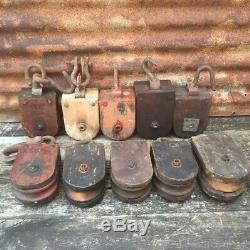 Original Antique Lot Of 10 Wooden Pulleys Vintage Wood Farm Pulley Rustic Old