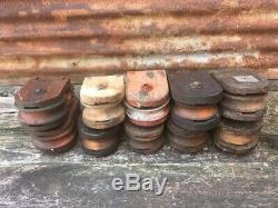 Original Antique Lot Of 10 Wooden Pulleys Vintage Wood Farm Pulley Rustic Old