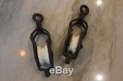 PAIR! Antique Porcelain Pulleys. 1 3/4 Wheel. 6 Overall. Curvy Pretty! Rare