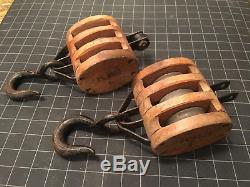 PAIR OF ANTIQUE B&L Boston & Lockport Block Co Triple Pulley Block & Tackle #4