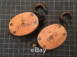 PAIR OF ANTIQUE B&L Boston & Lockport Block Co Triple Pulley Block & Tackle #4