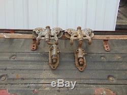 PAIR VTG MYERS STAYON DOUBLE ADJUSTABLE BARN DOOR TROLLEY PULLEYS With10FT. TRACK