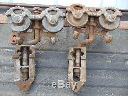 PAIR VTG MYERS STAYON DOUBLE ADJUSTABLE BARN DOOR TROLLEY PULLEYS With10FT. TRACK