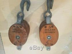 Pair (2) Vintage Boston & Lockport Block Company #5 Wood and Rope Pully VGC